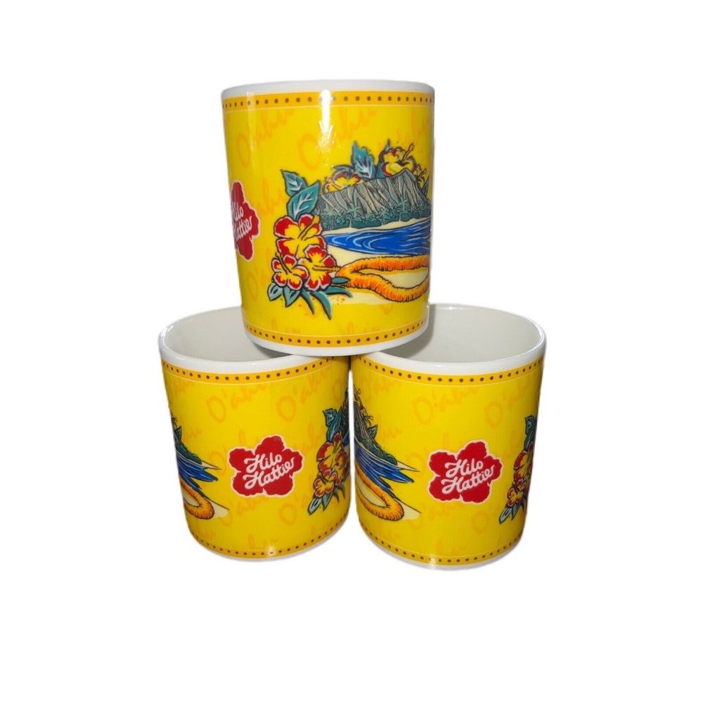 Vintage Hilo Hattie Store of Hawaii Oahu Coffee Mug 2002 Floral Lei 3 in Set